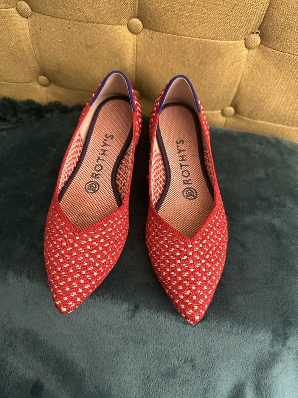 Rothy's Red Pointed Knit Flats with White Dot Detail